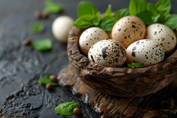 Obraz premium Quail Eggs in Rustic Wooden Bowl with Fresh Basil Leaves - Organic Food and Culinary Design