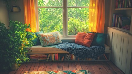 Cozy reading nook with custom storage bench, colorful cushions, and natural light streaming through large window