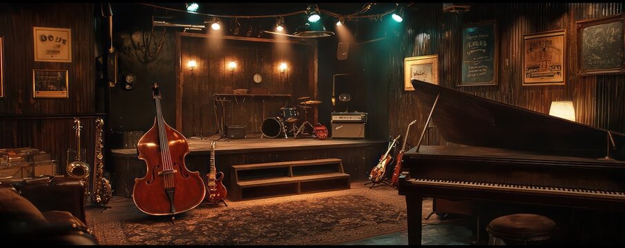 Home office with an underground jazz bar theme, featuring a small stage, moody lighting, and vintage musical instruments Cool and atmospheric