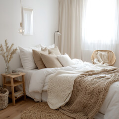 Cozy minimalist bedroom with natural textures and light