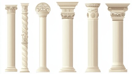 Ancient Greek and Roman architectural columns, isolated vector illustrations. Antique classic pillars, Greek pillars, historic podiums.