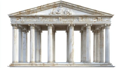 Ancient Greek and Roman architectural temple with columns, a roof, and an arched frame. The temple is made of white marble and is isolated on a background.