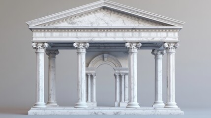 Obraz premium Ancient Greek and Roman architectural temple with columns, a roof, and an arched frame. The temple is made of white marble and is isolated on a background.