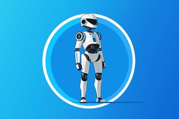 Cartoon-style robot standing against a vibrant blue background with a blue and white circle framing the scene. The robot design is sleek with minimalistic details.