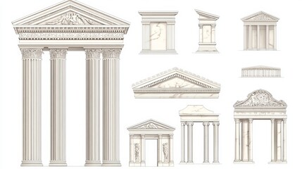 Obraz premium Ancient Greek or Roman marble columns, pediments, and vintage architecture. Linear vector illustrations of building facades on a white background.