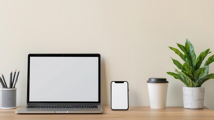 Modern home office setup with a laptop, smartphone, and coffee, peaceful work-from-home environment surrounded by technology