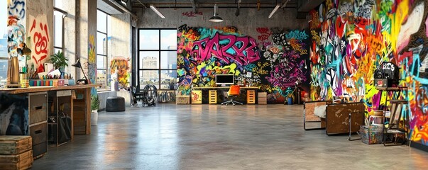 Fototapeta premium Home office with an urban graffiti theme, featuring vibrant wall murals, industrial furniture, and a concrete floor Edgy and expressive