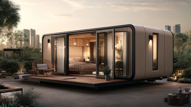 Modular tiny home with a foldable terrace in warm evening light, surrounded by minimalist outdoor furniture