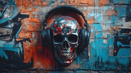 Obraz premium Massive headphones on a graffiti skull, urban alley bursting with colorful street murals, layered textures, spray paint drips, gritty city backdrop