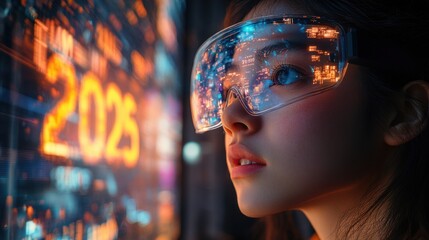 Embracing the Future: Excited Individuals in Smart Glasses Witnessing 2025 Countdown on Holographic Display in City Square