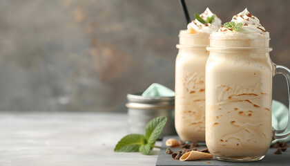 Mason jars with delicious milk shakes on table. Space for text