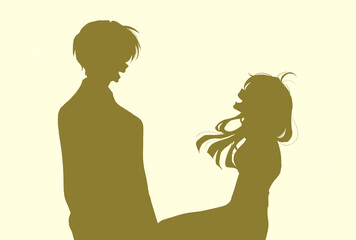 向かい合って笑う男女　影絵