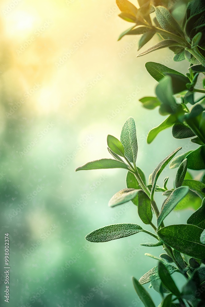 Wall mural a gentle abstract background featuring fresh green herbs with soft light and subtle bokeh effects, c