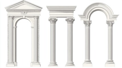 Obraz premium Antique architectural vector elements: Roman arch, Greek temple door frame, and Corinthian columns for vintage construction or interior design.