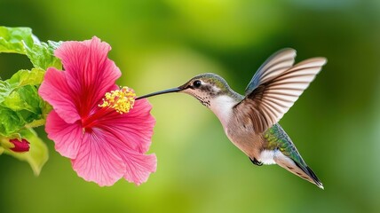 Fototapeta premium Hummingbird hovering near a vibrant hibiscus flower, soft green background.