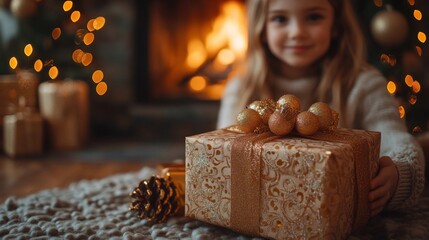 Cozy Christmas Morning: Family by Holographic Fireplace Sharing Gifts in Warm Holiday Atmosphere captured with Nikon Z7 II Camera