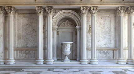 Obraz premium Antique Greek marble temple interior with a white stone Roman column arch entrance door, a decorative vase, and baroque sculpture.
