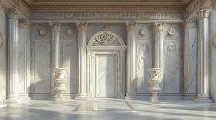 Obraz premium Antique Greek marble temple interior with a white stone Roman column arch entrance door, a decorative vase, and baroque sculpture.