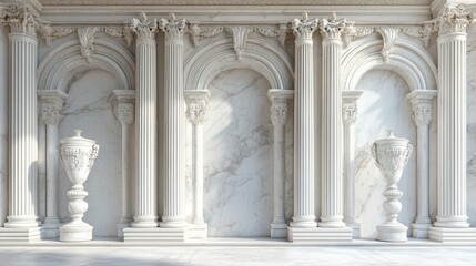Fototapeta premium Antique Greek marble temple interior with a white stone Roman column arch entrance door, a decorative vase, and baroque sculpture.