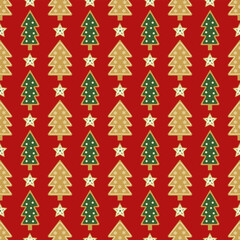 A seamless, festive, pattern featuring traditional Christmas ginger cookies in the shape of a Christmas tree. Suitable for textiles, wrapping paper, covers, posters.