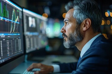 Close-up of businessman attentively watching a video conference on his computer as part of a virtual business meeting.