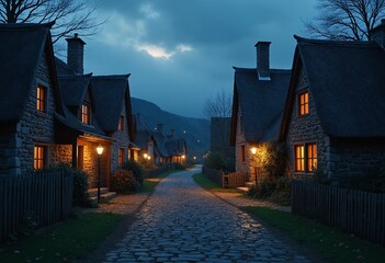 In a quaint village at twilight with cozy cottages and glowing windows