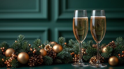 New Year party scene with champagne flutes and festive decor, ready for celebration