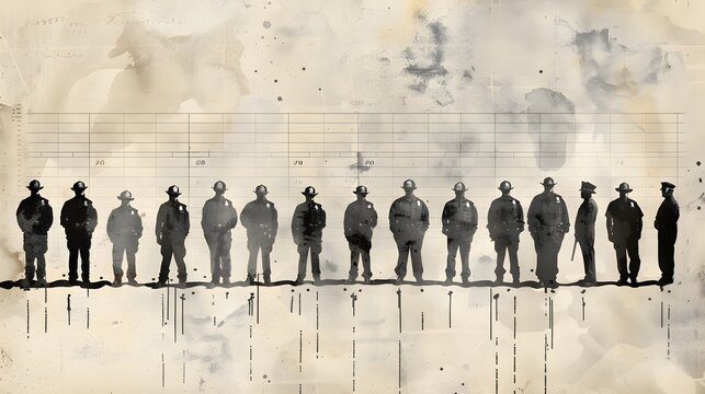 Police lineup with suspects standing against a height chart