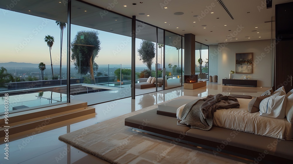 Wall mural contemporary bedroom featuring a floating bed, floor-to-ceiling glass windows, and minimalist decor