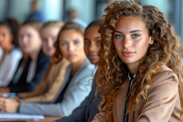 Fototapeta premium group interview with a diverse group of candidates seated around a table, as a young businesswoman asks questions and evaluates their qualifications. The focus is on the dynamics