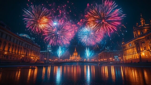 Colorful fireworks exploding over a festive city square, welcoming the New Year