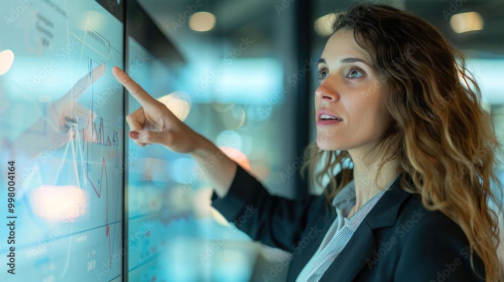 Aufkleber businesswoman interacts with digital display, analyzing data trends and statistics. Her focused expression reflects determination and engagement in her work