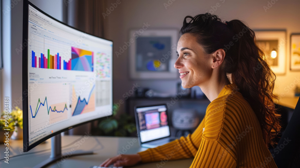Fototapete woman is smiling while working on computer, analyzing colorful graphs and charts on large monitor. warm lighting creates cozy atmosphere, enhancing her focused expression