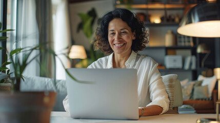 Fototapeta premium woman with curly hair smiles while working on laptop in cozy, well lit home office. warm atmosphere is enhanced by indoor plants and stylish decor, creating welcoming environment