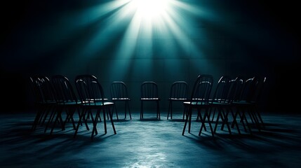 A group of chairs set in a perfect circle in a minimalist concrete room, each chair representing equal power in an upcoming negotiation, with strong natural light coming from above. Minimalist