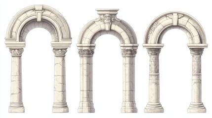 Naklejka premium Architectural elements illustration set with various arches and columns in four styles. Features classic stone arches with intricate textures.