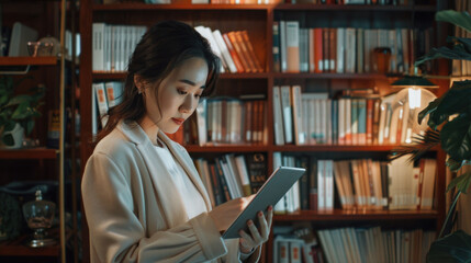 woman reading e book in cozy library setting, surrounded by bookshelves filled with books. warm lighting creates serene atmosphere, enhancing her focus and engagement