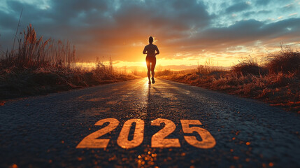 A female runner poised at the start position on a rural road at dawn, ready to embark on her journey towards 2025