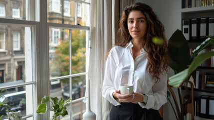 woman stands by large window, holding cup, with view of city street outside. She has long, wavy hair and wears white shirt, exuding calm and relaxed vibe