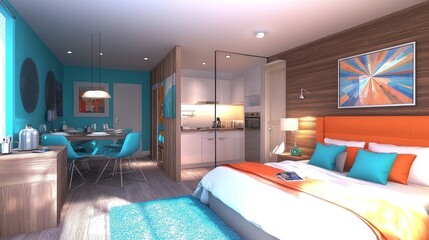 Stylish studio apartment showcasing small space living solutions with multifunctional furniture and bright decor