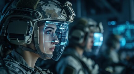 An advanced military base with soldiers wearing smart helmets displaying holographic screens, showcasing the integration of technology in modern warfare. 