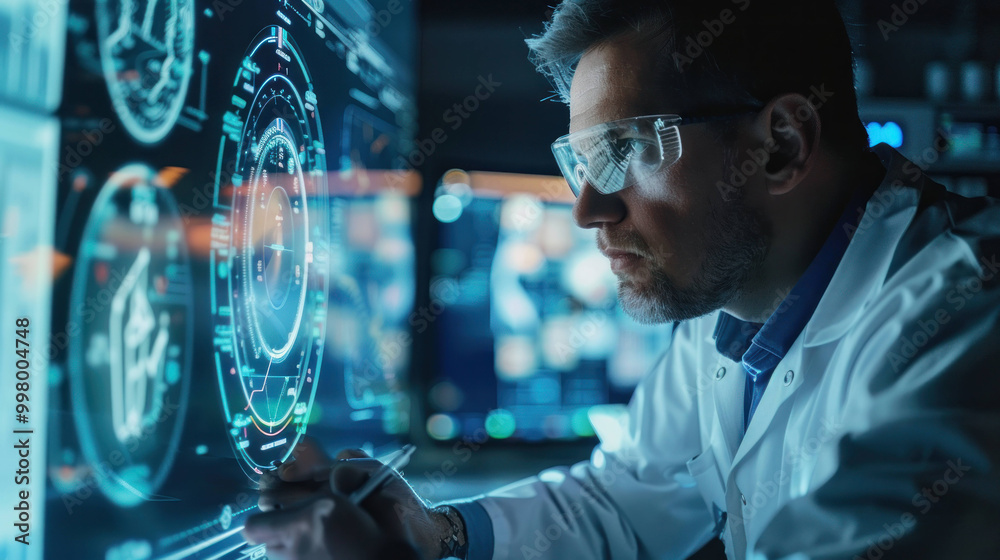 Poster focused scientist in lab coat analyzes digital data on futuristic interface, showcasing advanced technology and innovation in research