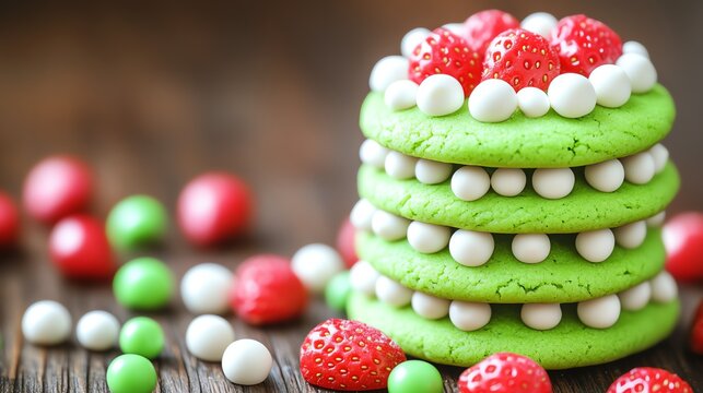 Stack of green cookies with white chocolate and strawberries on top, surrounded by candy.