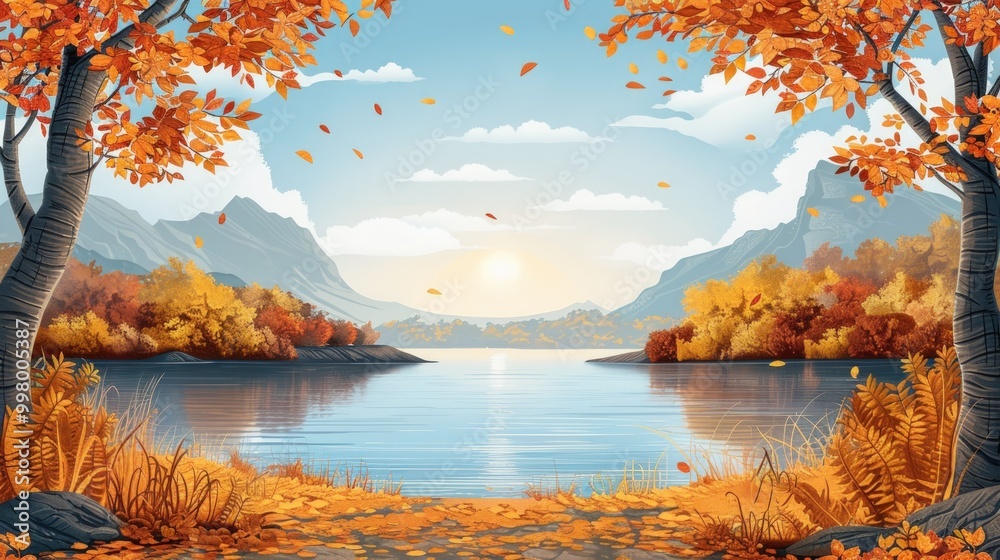 Wall mural autumn landscape with a lake and mountains