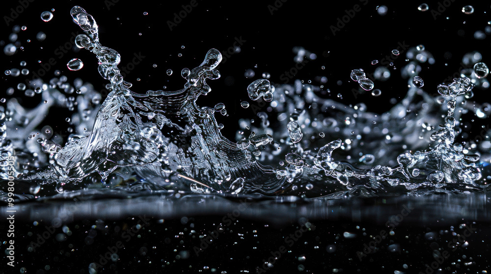 Poster Water splashes create dynamic patterns against dark background, showcasing beauty of liquid motion. droplets reflect light, adding sense of energy and vibrancy to scene