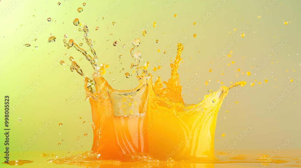 Poster refreshing splashes of orange juice create vibrant scene, showcasing dynamic movement of liquid agai