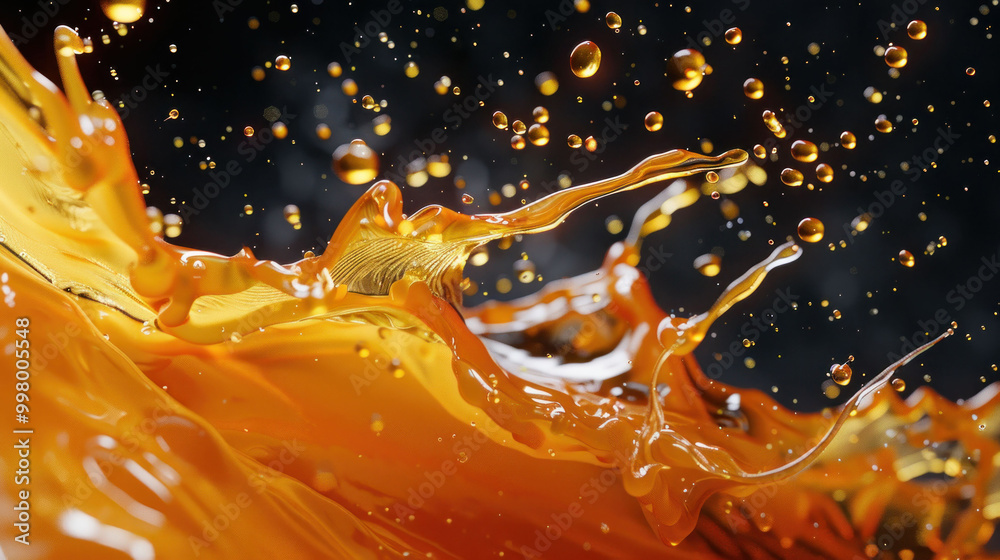 Poster Vibrant orange liquid splashes dynamically, creating captivating display of droplets and waves. energetic movement evokes sense of excitement and fluidity