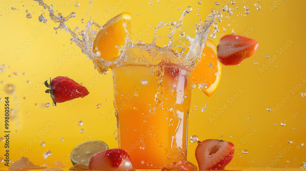 Poster refreshing orange juice splashes in glass, surrounded by vibrant strawberries and citrus slices, cre
