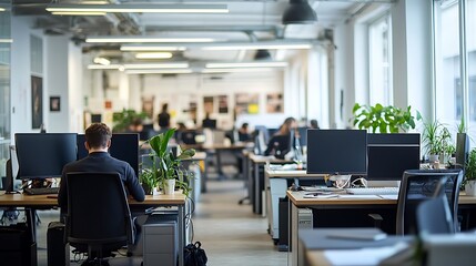 Fototapeta premium A dynamic hot desking area with various desk styles, allowing employees to choose their workspace daily. The decor includes motivational posters and plants