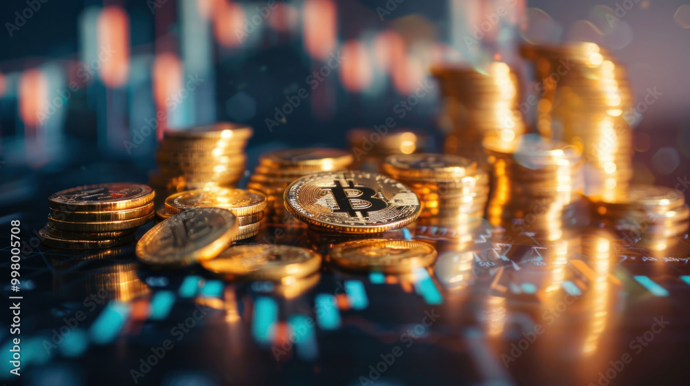 Poster digital currency and cryptocurrency are represented by bitcoin coins stacked on financial chart back